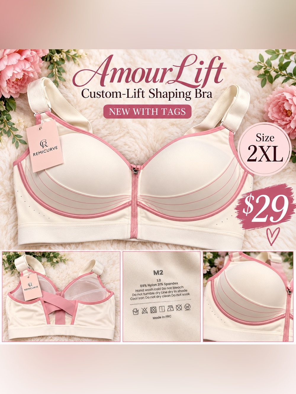 AmourLift Custom-Lift Shaping Bra 2XL Cream Pink NWT